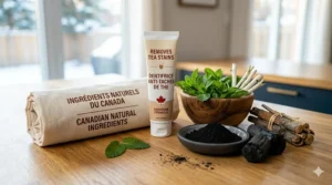 Illustration of Canadian natural ingredients like mint and charcoal in a toothpaste for tea stain removal.