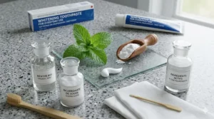 A flat-lay illustration of natural whitening ingredients like baking soda and mint, labeled in English and French (dentifrice blanchissant).