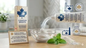 Illustration of clean, minty ingredients used in professional whitening toothpaste for a fresh Canadian winter feel.