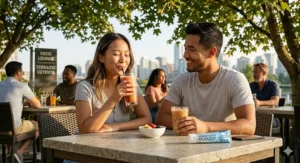 A smiling Canadian enjoying a cold beverage outdoors, celebrating pain relief achieved by using a targeted toothpaste for extreme tooth sensitivity.