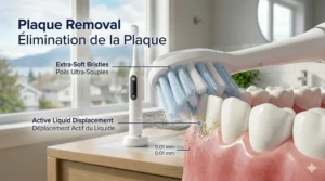 Technical illustration demonstrating how sensitive gum replacement heads effectively remove plaque while remaining soft on the gum line.