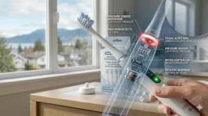 Graphic highlighting the compatibility of sensitive gum replacement heads with electric toothbrush pressure sensors to prevent over-brushing.