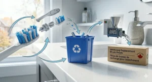 Infographic of the recycling process for whitening replacement brush heads to appeal to eco-conscious Canadian consumers.