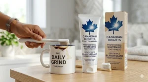 Illustration of a coffee mug next to a toothbrush, highlighting how professional whitening toothpaste removes daily caffeine stains.