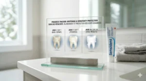 A 14-day progress illustration tracking a brighter smile achieved using a low-abrasion whitening toothpaste that won't hurt sensitive teeth.
