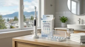 Illustrated dental care packaging featuring English and French text for sensitive gum replacement heads, "têtes de brosse de rechange."