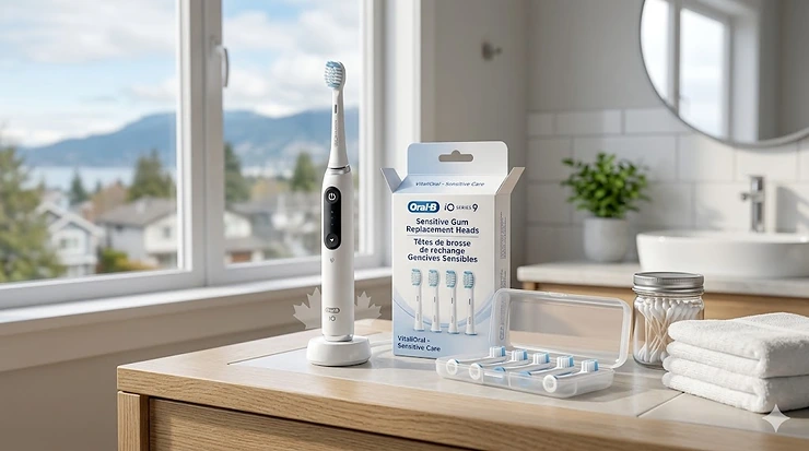 A high-quality close-up of sensitive gum replacement heads compatible with leading electric toothbrushes, perfect for gentle oral care in Canadian households.
