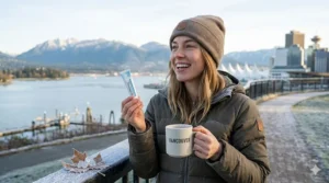 Illustration of a person breathing in cold Canadian winter air comfortably thanks to toothpaste for sensitive teeth.