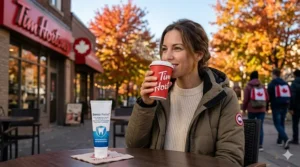 Illustration of a person enjoying a hot coffee outdoors in Canada, made comfortable by using a toothpaste for sensitive teeth that works immediately.