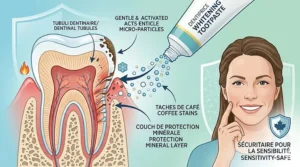 An illustration depicting the gentle, enamel-safe action of professional whitening toothpaste for coffee stains, suitable for sensitive teeth.