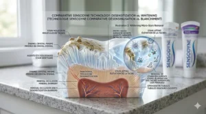 A photorealistic scientific diagram comparing Sensodyne whitening and desensitization technologies, highlighting stain removal and nerve relief for sensitive teeth.