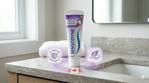 A 4K photorealistic product spotlight of Sensodyne Daily Care Fresh Mint, emphasizing its 24/7 sensitivity protection and bilingual Canadian labeling.