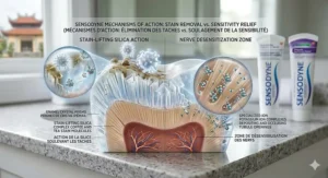 A high-detail scientific illustration showing how Sensodyne manages both stain-lifting silica action and nerve desensitization, with bilingual labels for the Canadian market.