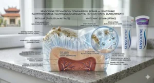 A detailed cross-section diagram comparing Sensodyne regular sensitivity relief with whitening stain-lifting technology, visualized in a high-detail clinical setting.