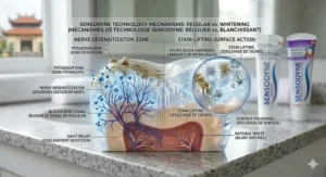 A detailed comparison diagram illustrating the differences between nerve desensitization and stain-lifting surface action in Sensodyne formulas, optimized for Canadian consumers.
