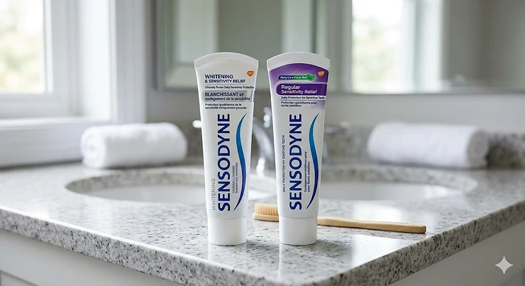side-by-side comparison of Sensodyne whitening vs regular sensitivity toothpaste on a Canadian bathroom vanity, showcasing bilingual product labels.
