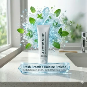 Icy mint illustration highlighting the breath-freshening benefits of a heavy smoker whitening toothpaste for Canadian consumers.