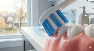 High-detail illustration of soft whitening replacement brush heads cleaning safely along the gum line.