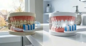 Side-by-side comparison of stain removal results using specialized whitening replacement brush heads.