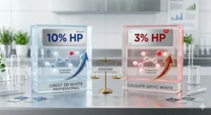 Infographic comparing hydrogen peroxide concentrations in Crest 3D White vs Colgate Optic White.