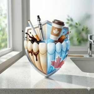 An illustration of a protective shield defending teeth against tough coffee, vape, and tobacco stains using targeted whitening oral care.