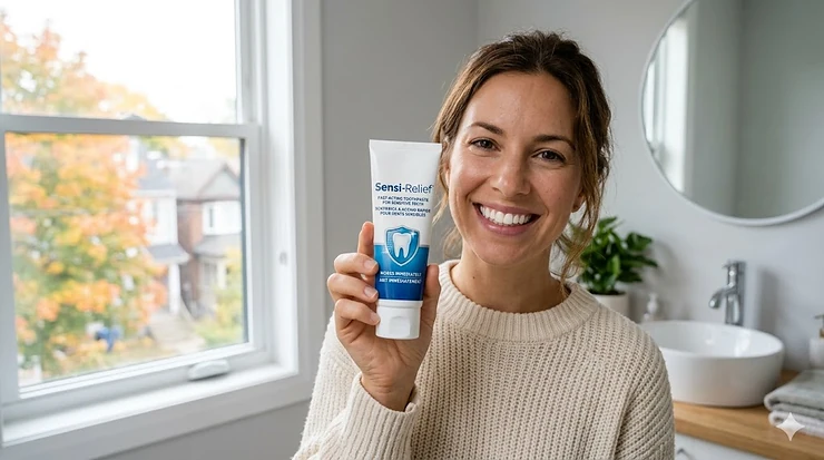 Smiling individual in a Canadian home holding a tube of toothpaste for sensitive teeth that works immediately to relieve discomfort from hot and cold food.