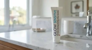 Product bottle of toothpaste for sensitive teeth after whitening. / Bouteille de dentifrice pour dents sensibles après blanchiment.