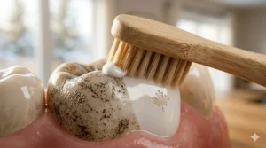 Illustration of a toothbrush with toothpaste removing tea stains from a tooth, featuring a subtle maple leaf icon.