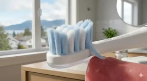 Detailed illustration of extra-soft tapered bristles on a replacement head designed to protect sensitive gum tissue.