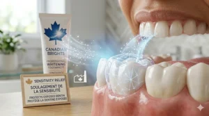 A soothing blue and white graphic representing sensitivity relief in a professional whitening toothpaste.