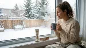 Illustration of a cozy Canadian winter scene with a person brushing their teeth to remove stains from herbal tea.