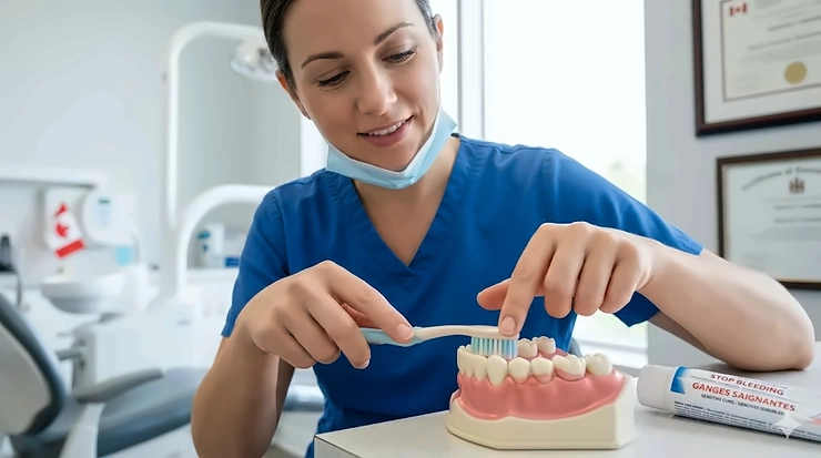 Pregnant woman smiling and brushing teeth with specialized toothpaste for bleeding gums. Femme enceinte souriante se brossant les dents avec un dentifrice spécialisé pour les gencives qui saignent. toothpaste for bleeding gums during pregnancy