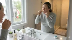 Close-up of a pregnant woman in a sunlit Canadian bathroom (bilingual toothpaste visible) using a rinsing glass after brushing, illustrating an oral hygiene tip. Gros plan d'une femme enceinte dans une salle de bain canadienne ensoleillée (dentifrice bilingue visible) utilisant un verre de rinçage après le brossage, illustrant un conseil d'hygiène buccale.
