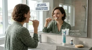 A Canadian adult using 5000 ppm fluoride toothpaste, emphasizing it is for adult oral health.