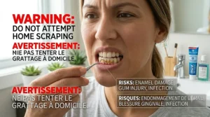 Warning: Do not attempt to scrape hardened tartar at home to avoid enamel damage.