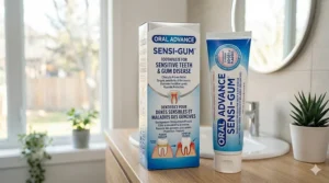A toothpaste package featuring bilingual English and French labels for sensitive teeth and gum disease.