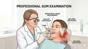 An educational illustration demonstrating the correct toothbrush angle for cleaning the gumline to prevent gingivitis.