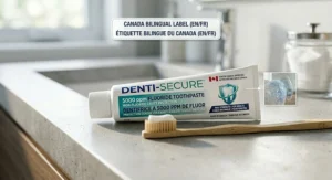 Close-up of 5000 ppm fluoride toothpaste packaging featuring French and English text for the Canadian market.
