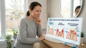 Infographic showing how plaque buildup leads to gum disease and tooth sensitivity.