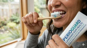 Patient brushing teeth with recommended toothpaste for gum disease.