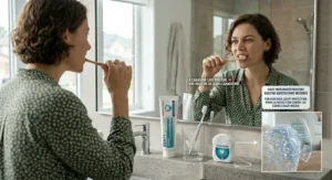A healthy daily routine including brushing with 5000 ppm fluoride toothpaste in a Canadian home.