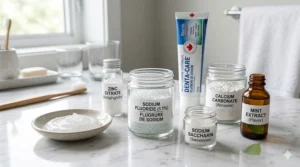 Adult oral hygiene routine featuring fluoride toothpaste and dental floss.