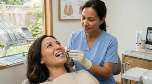 Dentist examining patient gums during a periodontal maintenance visit.