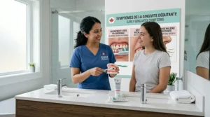 A friendly dental hygienist providing advice on gum care.