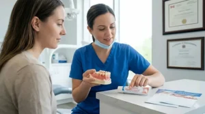 Friendly dental professional explaining gum care to a patient in a clinic.