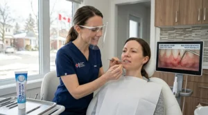 A Canadian dentist performing a routine exam on a patient concerned about gum disease.