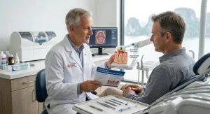 Canadian dentist discussing treatment options for root cavities and high fluoride toothpaste use with a patient.