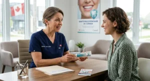 A Canadian dentist explaining the benefits of 5000 ppm fluoride toothpaste during a check-up.