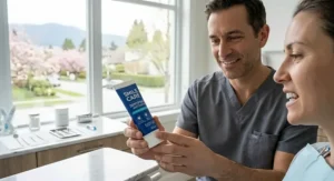 Dental professional recommending tartar control toothpaste / Dentiste recommandant un dentifrice antitartre