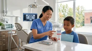 A Canadian dentist pointing to a tube of the best anticavity toothpaste during a dental check-up.